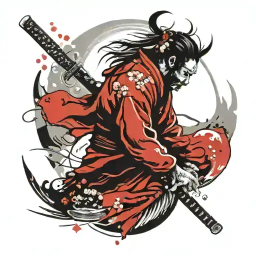 Japan Samurai Sakura Sun Inside With Waves And