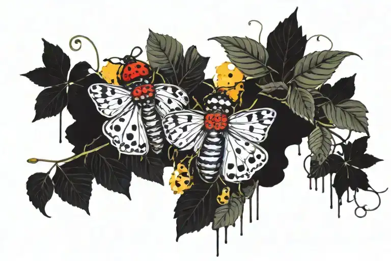 Raspberry Vines On Collar Bones With Yellow Ladybugs On Right Ride And Moth On The Left Shoulder