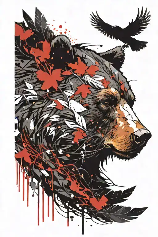 Bear Head And Raven With Outstretched Wings