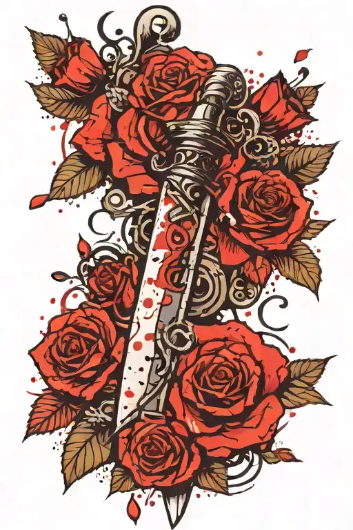 Dagger With Roses And Ornamental Circle With A Cherry