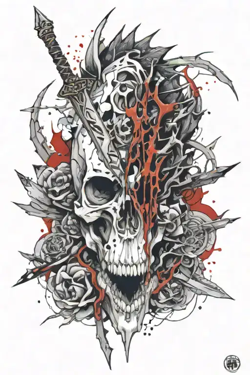 Dragon Skull Shin Tattoo With Sword Embedded