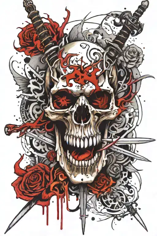 Dragon Skull Shin Tattoo With Sword Embedded