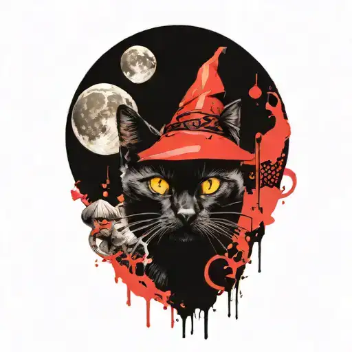 Black Cat And Magic Mushroom With Moon