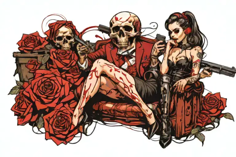Skull Roses And Guns Goth Gangster Pin Up Girl Sitting With Him