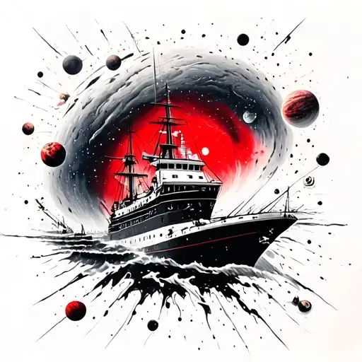 A Sea Ship In Space Flies Past Planets And A Black Hole