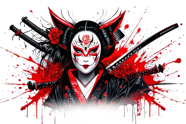 Geisha With Broken Hannya Mask With Katana