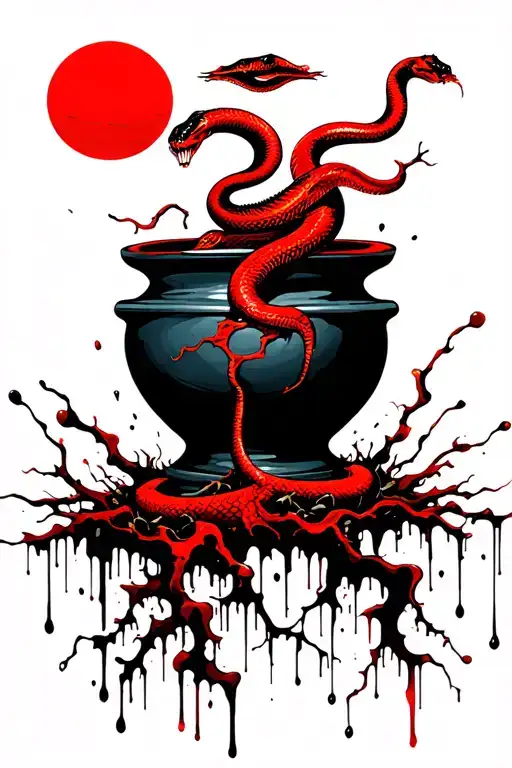 Cascade Style Bonsai With A Red Snake Climbing The Bonsai And The Roots Breaking The Pot And A Sun