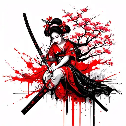 Geisha Leg Sleeve With Katana And Sakura Tree