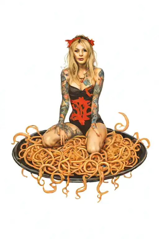 A Woman Riding A Flying Spaghetti Monster