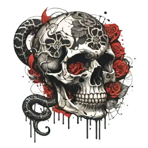 Skull And Roses With Snake Wrapped