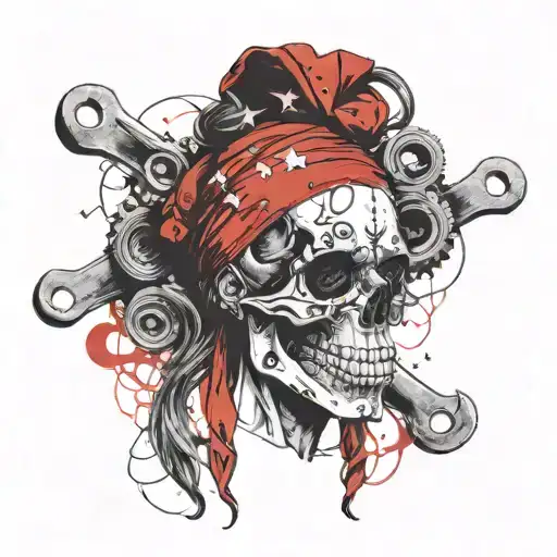 Female Skull Holding Wrenches With A Messy Bun Tied Up With A Red Bandana