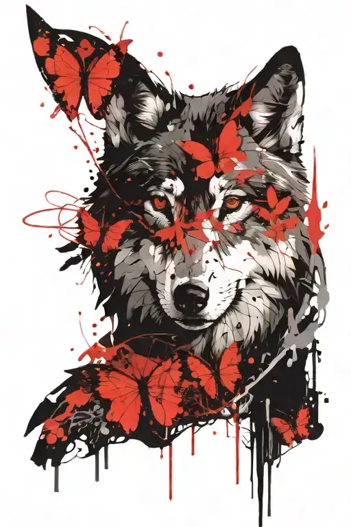 Black And White Wolf With Dragonflies