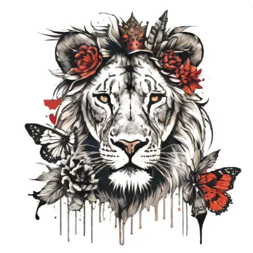 Lion With Princess Crown Butterfly And Gladiodus Flower