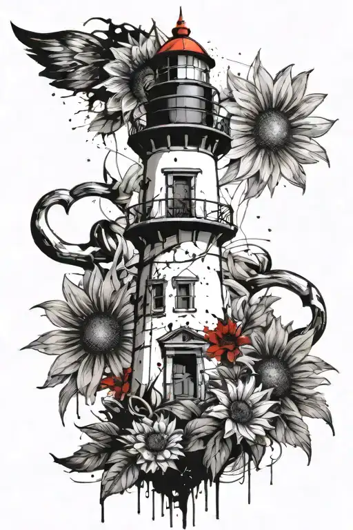 Lighthouse Background With An Anchor Underneath Her With Sunflowers