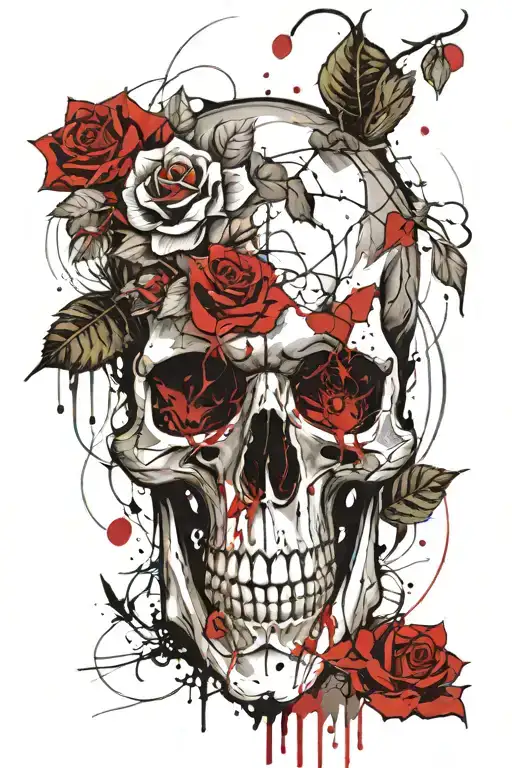 Skull And Roses With An Hourglass