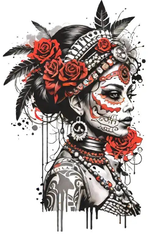 Aztec Princess With Sugar Skull Surrounded