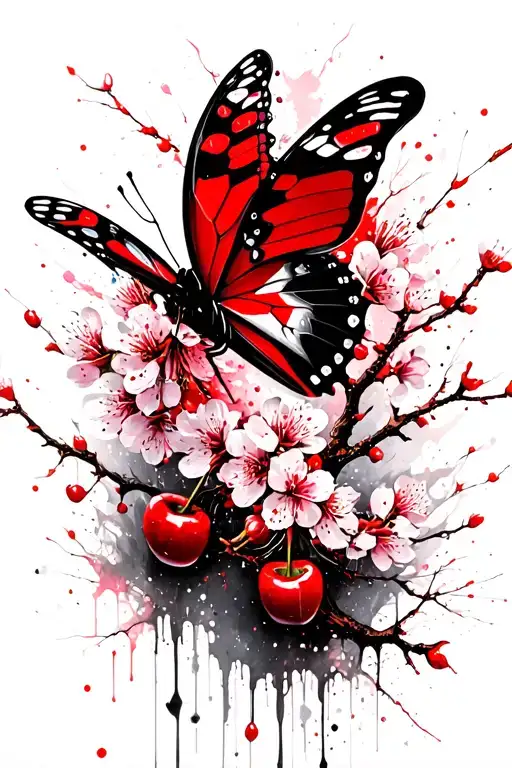 Flying Butterfly With Cherry Blossom Tree Branch Representing