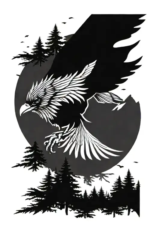 Flying Raven Against The Background Of A Coniferous Forest