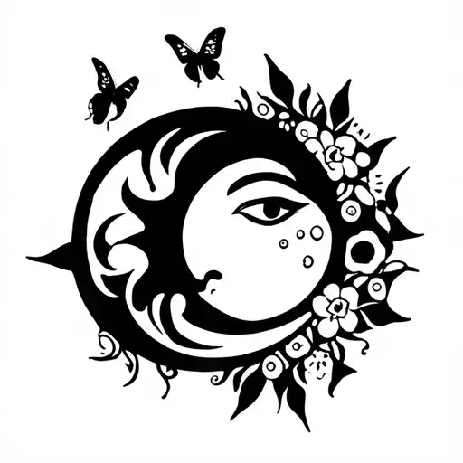 Sun And Moon With Face With Butterflies And Flowers
