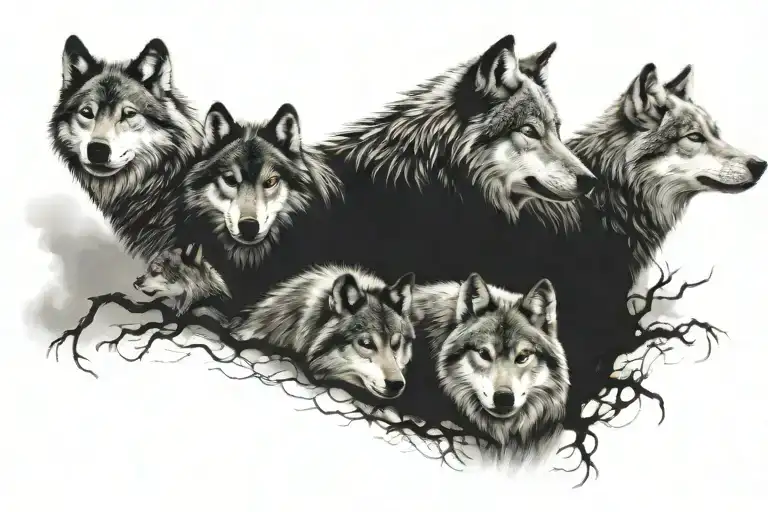 A Tattoo Design Featuring A Wolf Pack Symbolizing Your 5 Kids And Their Strength As A Unit