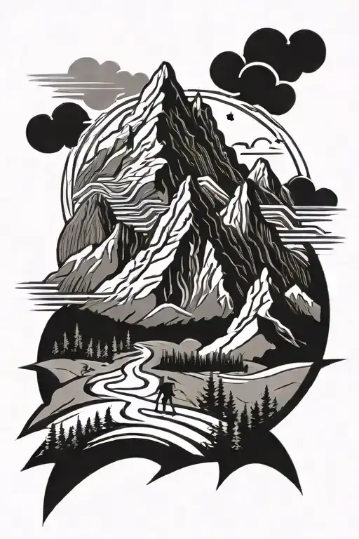 A Black-grey Tattoo Of A Majestic Mountain Range With A Winding Hiking Trail