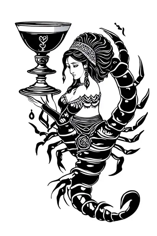 Queen Of Cups Surrounded By Scorpio Zodiac Sign