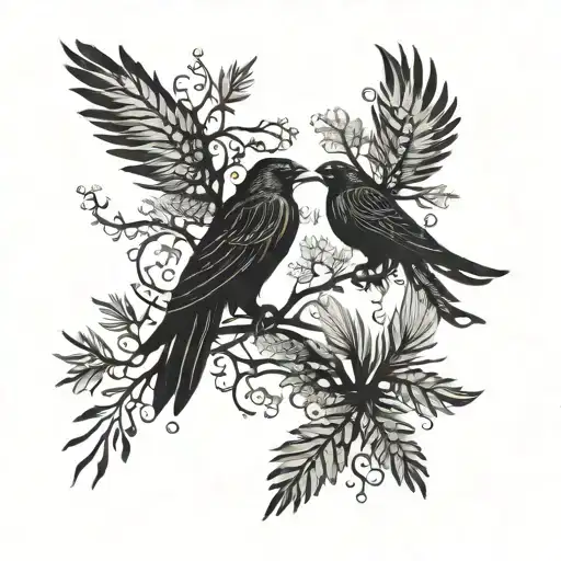 2 Nordic Ravens Over Pine Forest