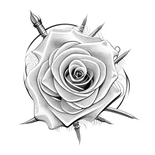 Symetrical Roses With Spines And Needles Fire And A Sword