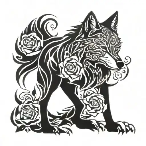 Wolf With Roses And Wiccan Symbols