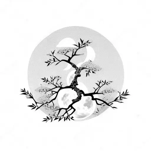 Japanese Bonzai Tree With Blossoms And Moon