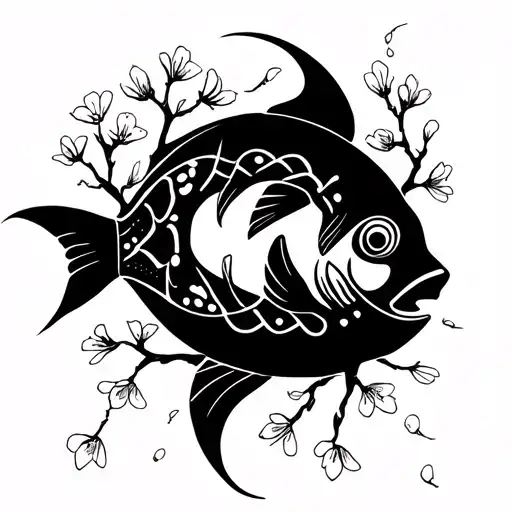 Pisces Fish Swimming With Cherry Blossoms Falling