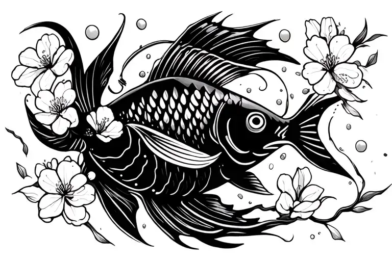 Pisces Fish Swimming With Cherry Blossoms Falling