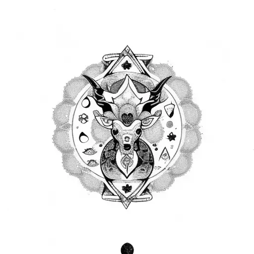 Triple Moon In Black With A Flower Under It And A Tribal Abstract Bull