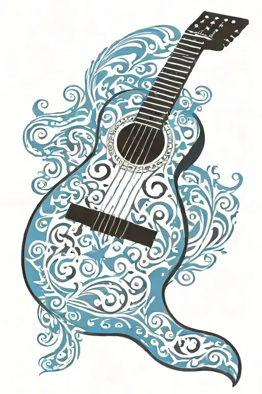 A Guitar Silhouette With Blue Flames In A Tribal Style