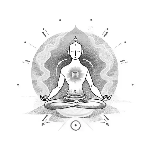 A Minimalist Tattoo Of A Serene Meditating Figure Surrounded By Nature And Chakra Symbols