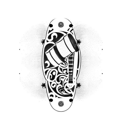 A Traditional Tattoo Featuring A Guitar And A Skateboard