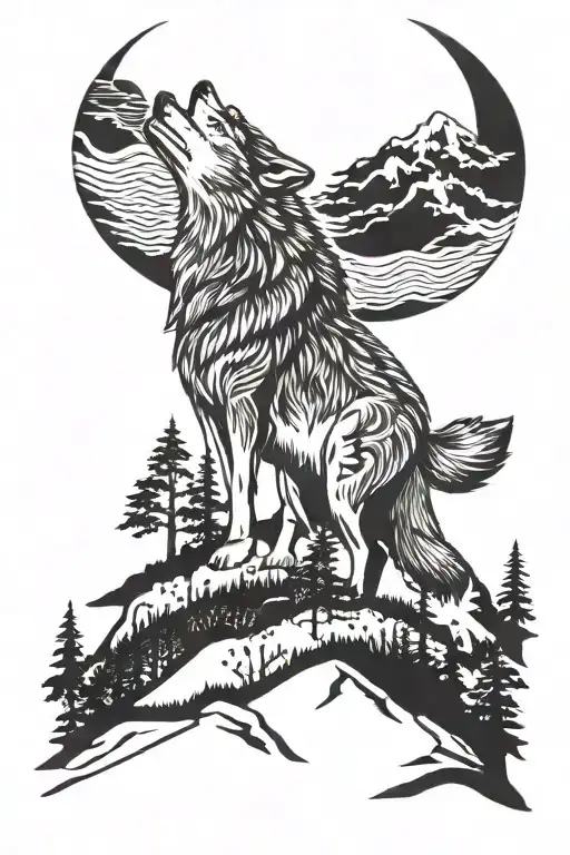 Wolf Howling At Moon Mountains Trees