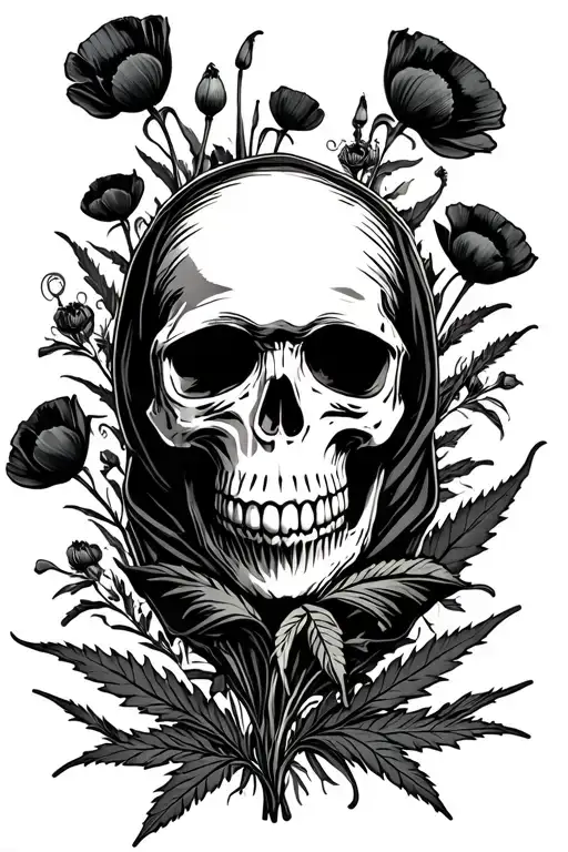 A Skull Wearing A Balaklava Surrounded By Black Opium Poppies And Weed Plants