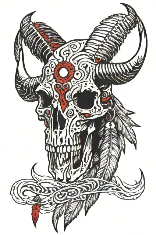 Bison Skull With Red Tail Hawk Feathers Hanging From It