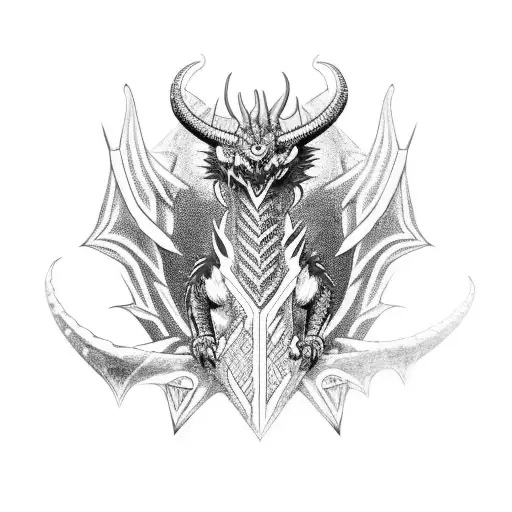 Red And Black Demon Dragon With Lots Of Horns And Spikes On The Back