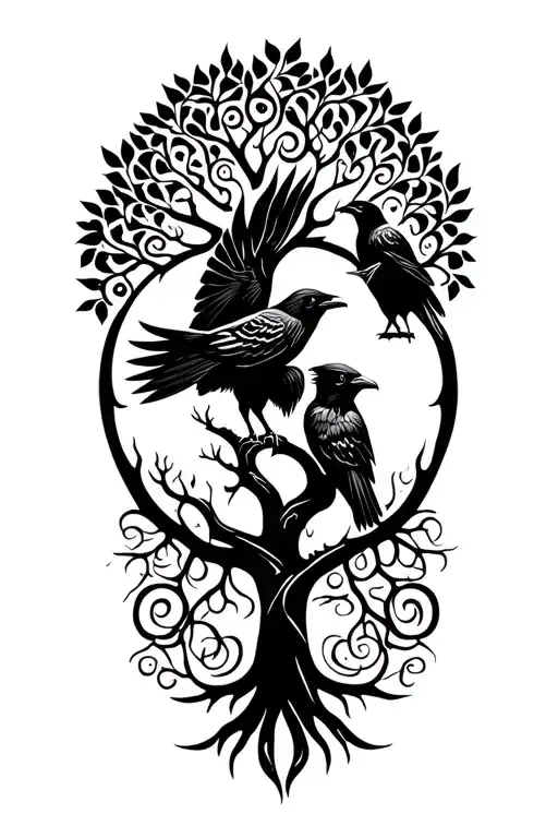 Tree Of Life And Odin's Ravens Intertwined Symbolizing