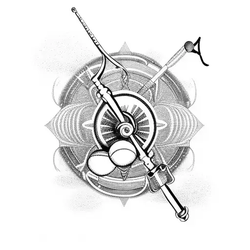 An Intricate Design Of A Fishing Rod And Reel With A Baseball And Tennis Racket Intertwined