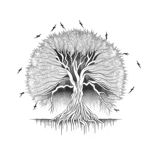 Weeping Willow Tree With Lightning Bugs And A Wolf