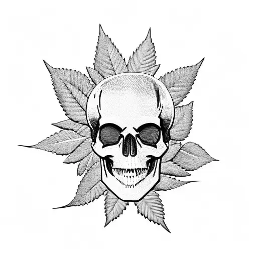 A Black And Grey Tattoo Of A Skull Made Up Of Marijuana Leaves And Racing Flags
