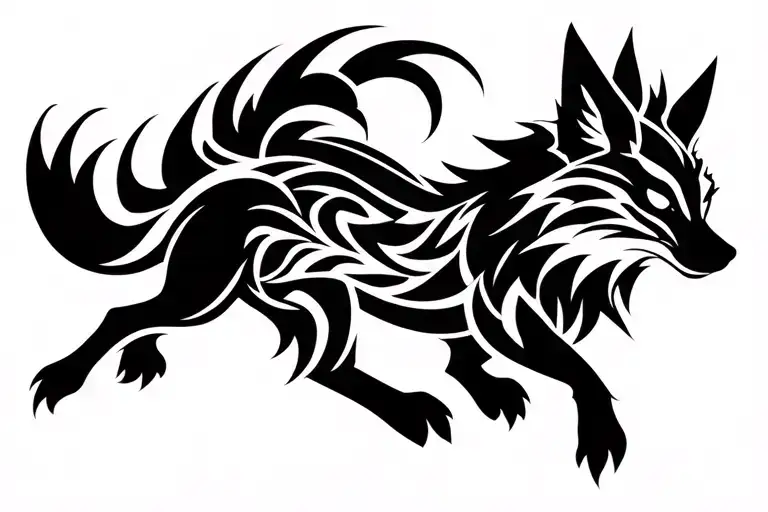 Nine Tailed Fox Runing To The Side View