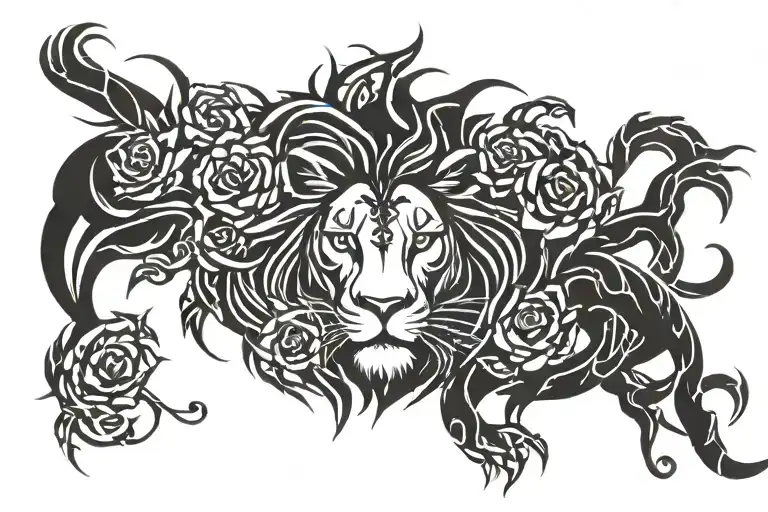 Tribal Lion With Roses And Tree Roots Reaching Deep