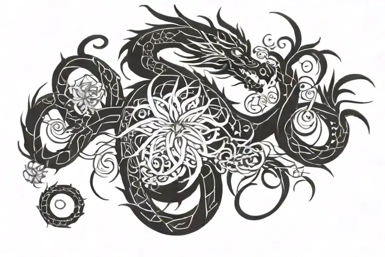 Dragon With Spider Lilies Intertwined