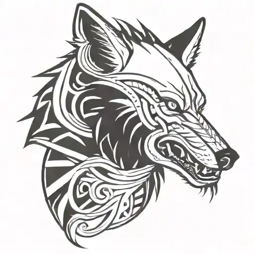Nordic Style Agressive Wolf Head Profile And Big Teeth And Blood