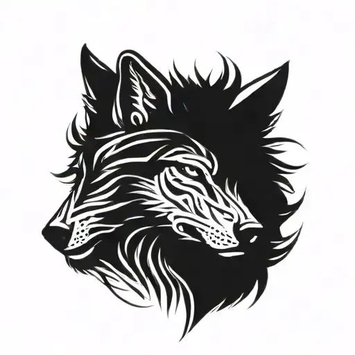 The Face Of A Wolf On The Right Side Is Combined With The Head Of A Man With A Beard