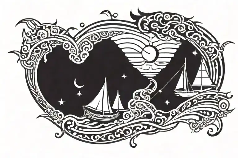 Boat In Ocean And Pices Zodiac Sign Intertwined